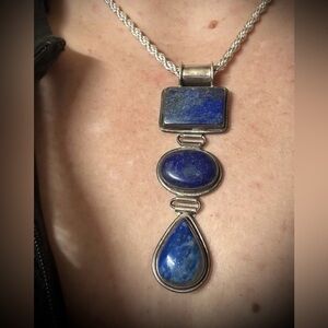 Vintage Lapis Lazuli Blue gemstone,3 tier Pendant necklace 925 sterling silver.